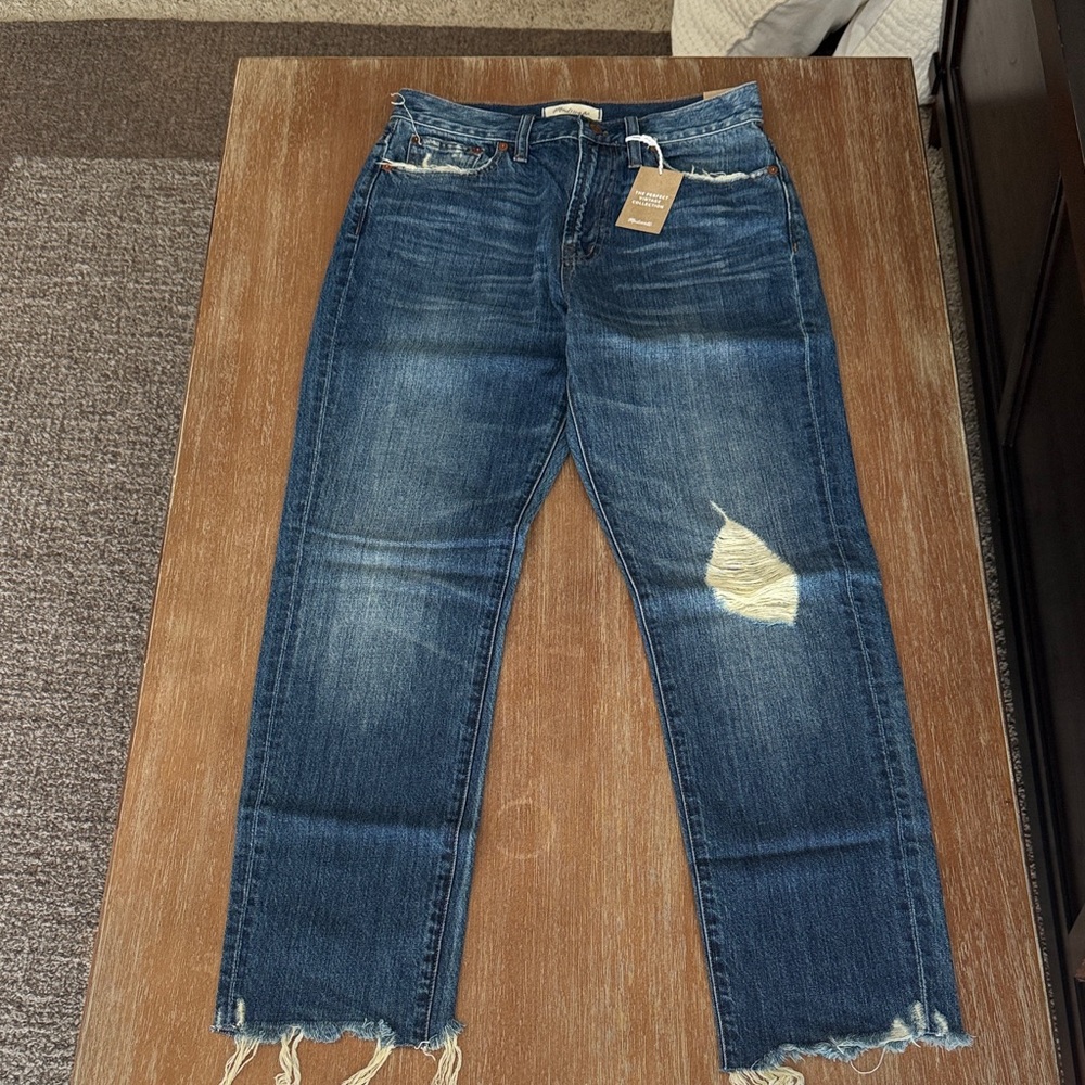 Madewell Blue Straight Leg Jeans with Distressed Details